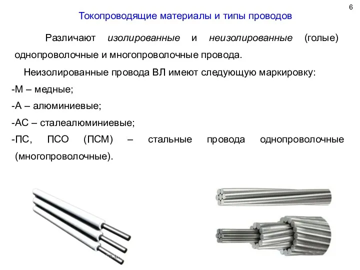 Токопроводящие материалы и типы проводов Различают изолированные и неизолированные (голые)