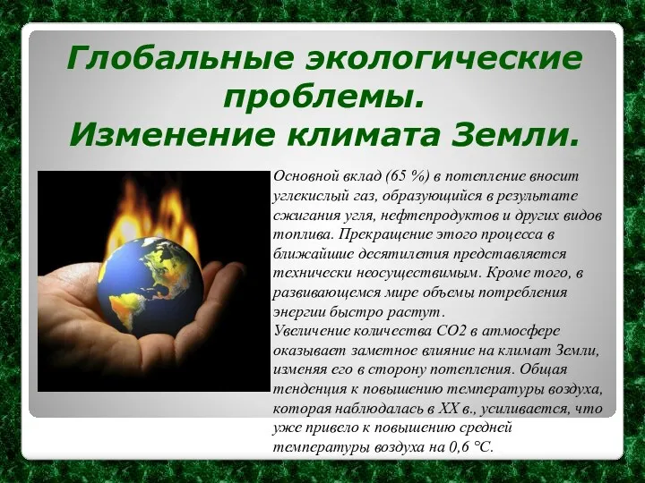 Глобальные экологические проблемы. Изменение климата Земли. Основной вклад (65 %) в потепление вносит