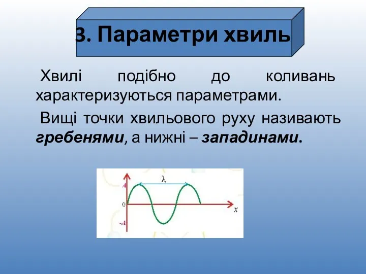 3. Параметри хвиль Хвилі подібно до коливань характеризуються параметрами. Вищі