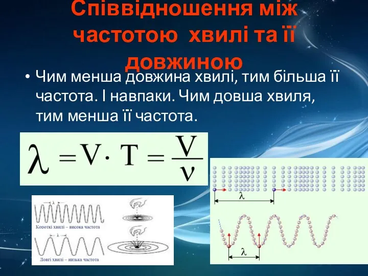 Співвідношення між частотою хвилі та її довжиною Чим менша довжина
