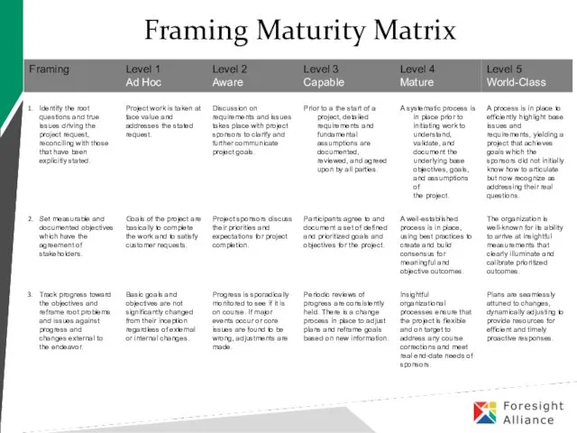 Framing Maturity Matrix