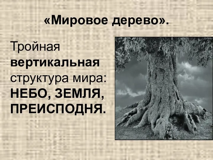 «Мировое дерево». Тройная вертикальная структура мира: НЕБО, ЗЕМЛЯ, ПРЕИСПОДНЯ.