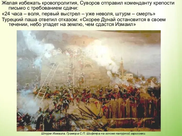 Желая избежать кровопролития, Суворов отправил коменданту крепости письмо с требованием