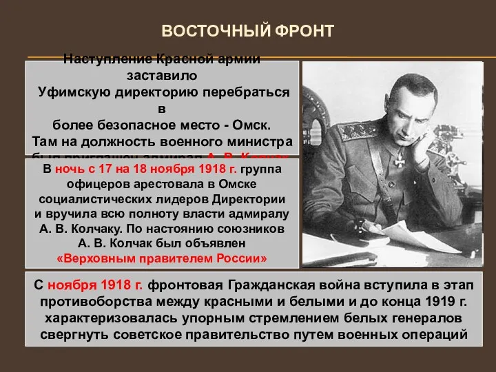 ВОСТОЧНЫЙ ФРОНТ Наступление Красной армии заставило Уфимскую директорию перебраться в