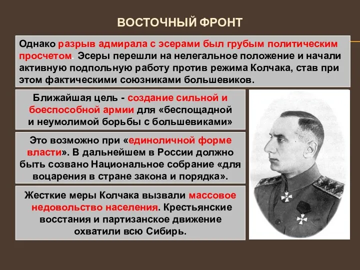 ВОСТОЧНЫЙ ФРОНТ Однако разрыв адмирала с эсерами был грубым политическим