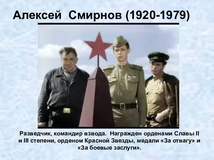 Алексей Смирнов (1920-1979) Разведчик, командир взвода. Награжден орденами Славы II