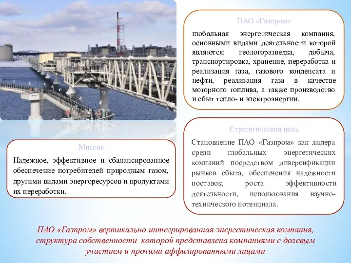 ПАО «Газпром» глобальная энергетическая компания, основными видами деятельности которой являются: