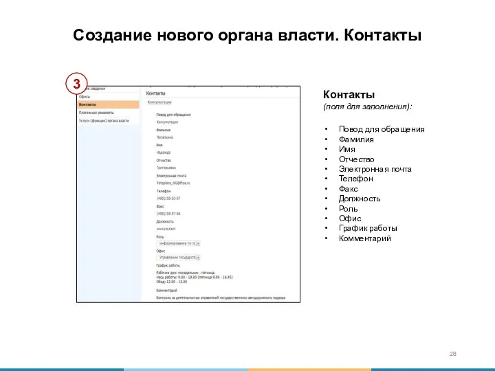 Создание нового органа власти. Контакты Контакты (поля для заполнения): Повод