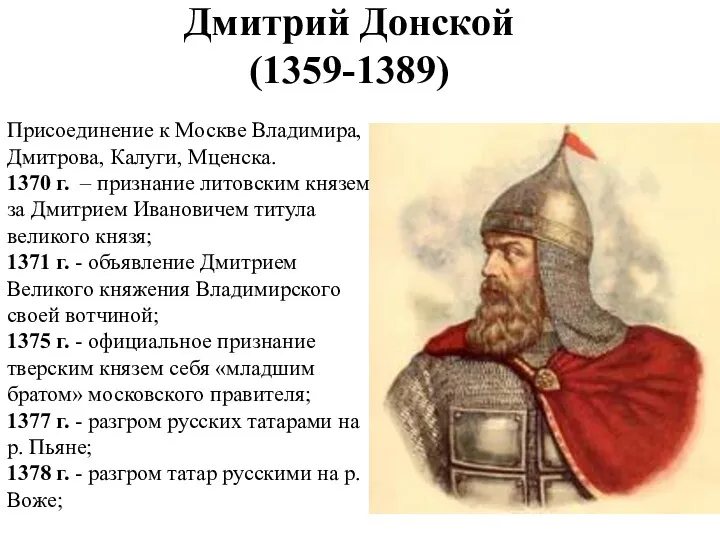 Дмитрий Донской (1359-1389) Присоединение к Москве Владимира, Дмитрова, Калуги, Мценска.