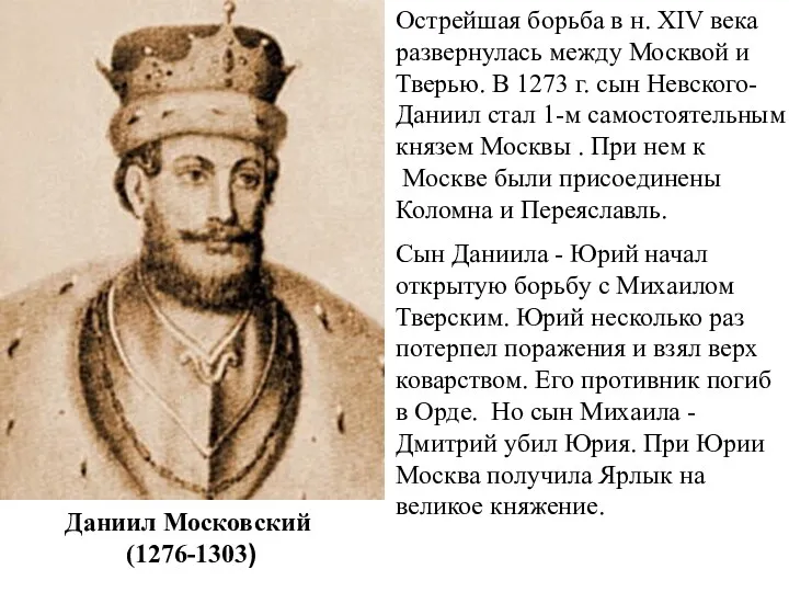 Даниил Московский (1276-1303) Острейшая борьба в н. XIV века развернулась