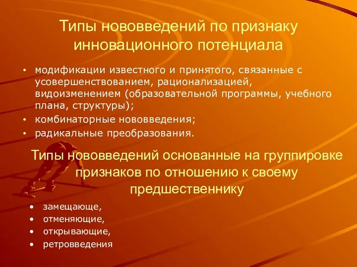 Типы нововведений по признаку инновационного потенциала модификации известного и принятого,