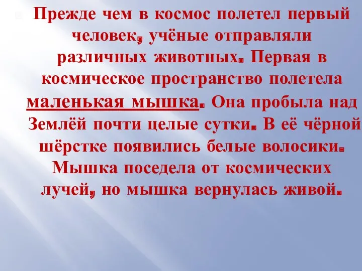 Прежде чем в космос полетел первый человек, учёные отправляли различных