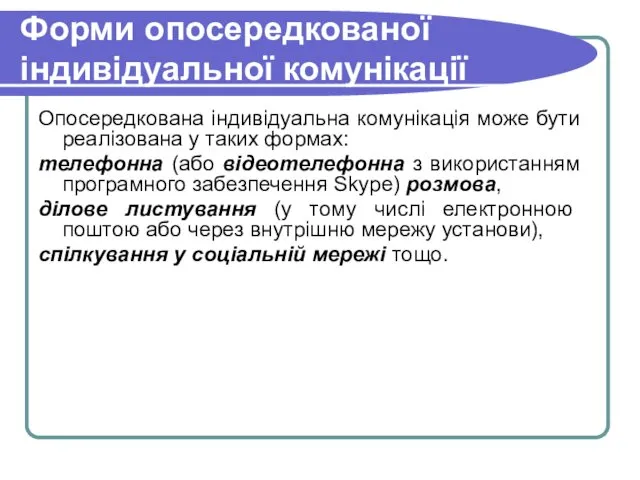 Форми опосередкованої індивідуальної комунікації Опосередкована індивідуальна комунікація може бути реалізована