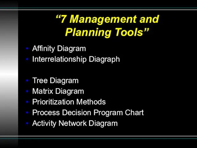 “7 Management and Planning Tools” Affinity Diagram Interrelationship Diagraph Tree