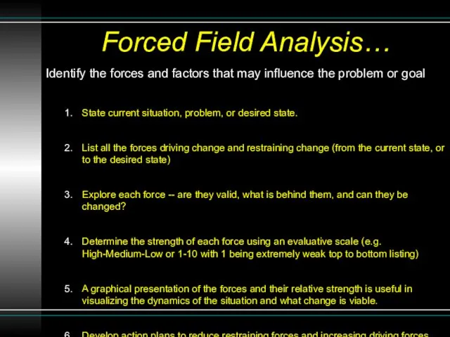 Forced Field Analysis… Identify the forces and factors that may