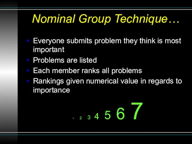 Nominal Group Technique… Everyone submits problem they think is most