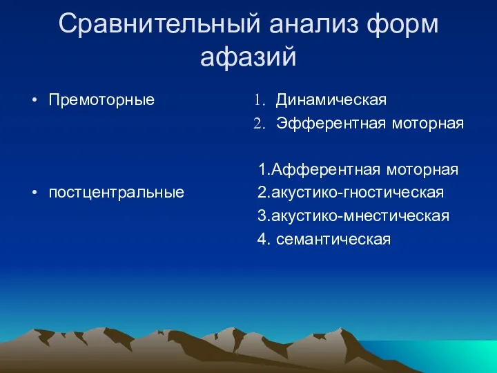 Сравнительный анализ форм афазий Премоторные постцентральные Динамическая Эфферентная моторная 1.Афферентная моторная 2.акустико-гностическая 3.акустико-мнестическая 4. семантическая