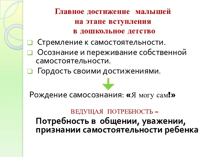 Главное достижение малышей на этапе вступления в дошкольное детство Стремление