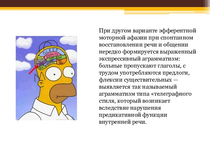 При другом варианте эфферентной моторной афазии при спонтанном восстановлении речи