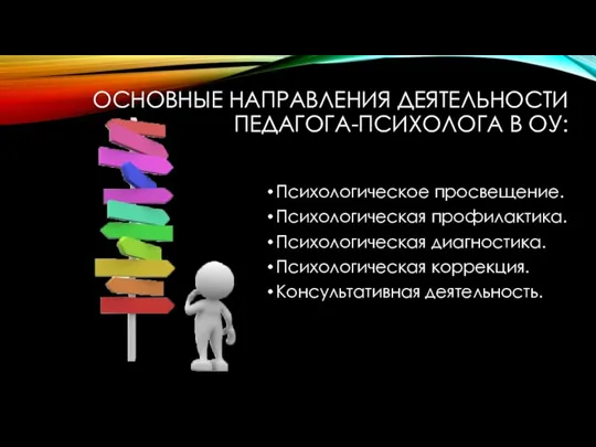 ОСНОВНЫЕ НАПРАВЛЕНИЯ ДЕЯТЕЛЬНОСТИ ПЕДАГОГА-ПСИХОЛОГА В ОУ: Психологическое просвещение. Психологическая профилактика. Психологическая диагностика. Психологическая коррекция. Консультативная деятельность.