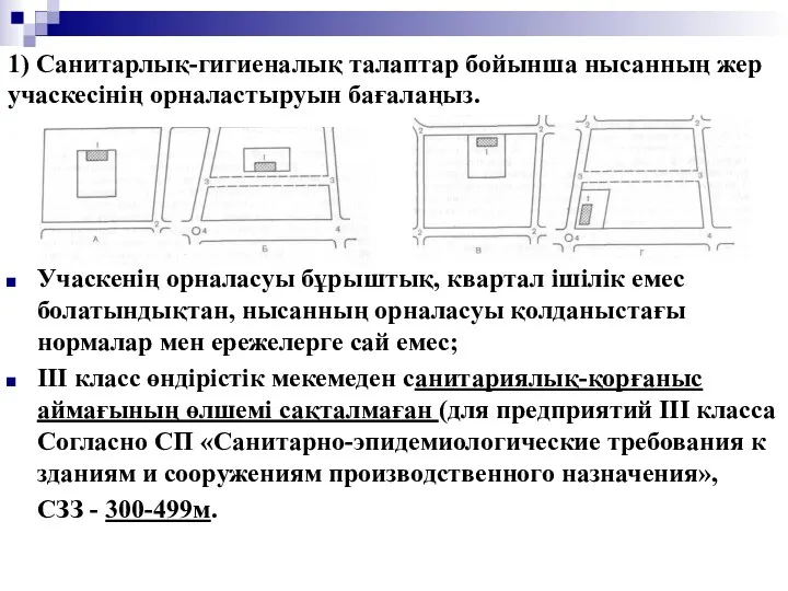 1) Санитарлық-гигиеналық талаптар бойынша нысанның жер учаскесінің орналастыруын бағалаңыз. Учаскенің