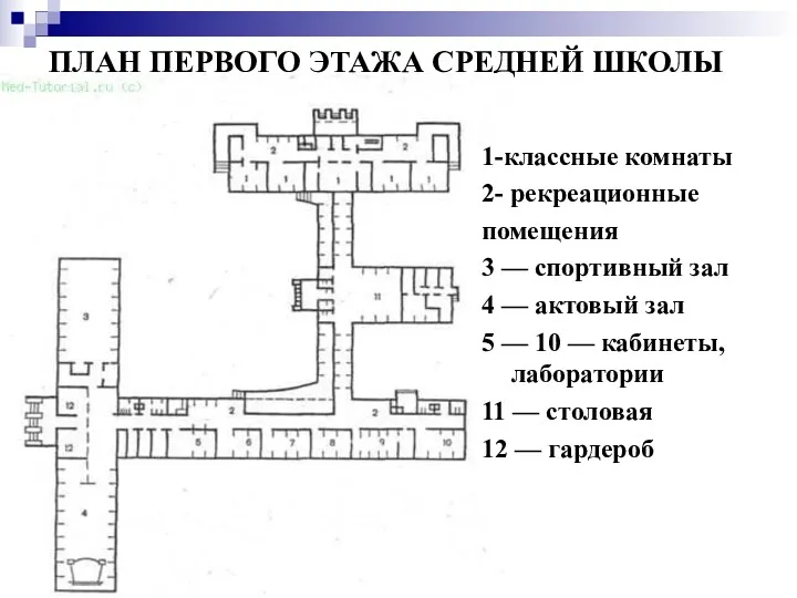 ПЛАН ПЕРВОГО ЭТАЖА СРЕДНЕЙ ШКОЛЫ 1-классные комнаты 2- рекреационные помещения