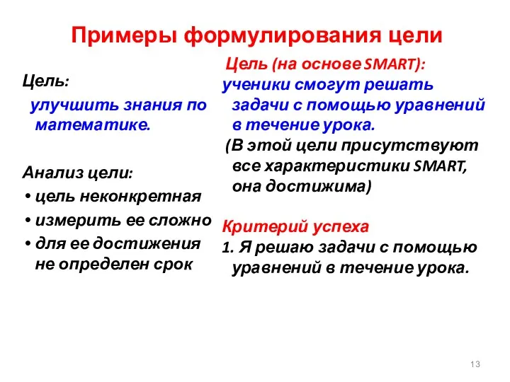 Примеры формулирования цели Цель: улучшить знания по математике. Анализ цели: