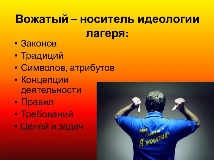 Вожатый – носитель идеологии лагеря: Законов Традиций Символов, атрибутов Концепции деятельности Правил Требований Целей и задач