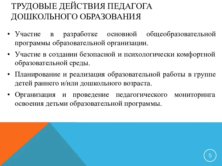 ТРУДОВЫЕ ДЕЙСТВИЯ ПЕДАГОГА ДОШКОЛЬНОГО ОБРАЗОВАНИЯ Участие в разработке основной общеобразовательной