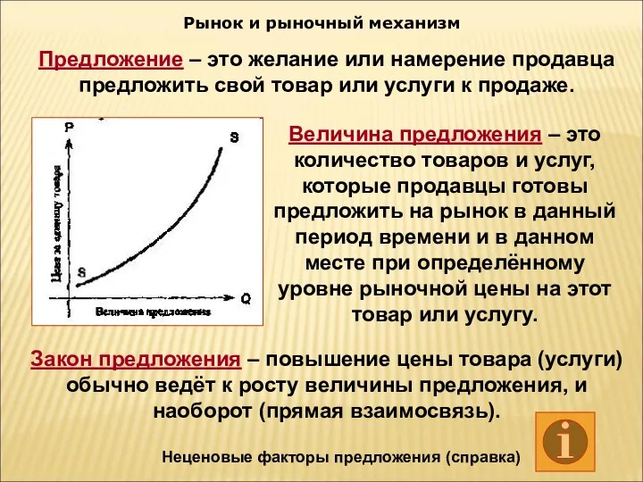 Рынок и рыночный механизм Предложение – это желание или намерение