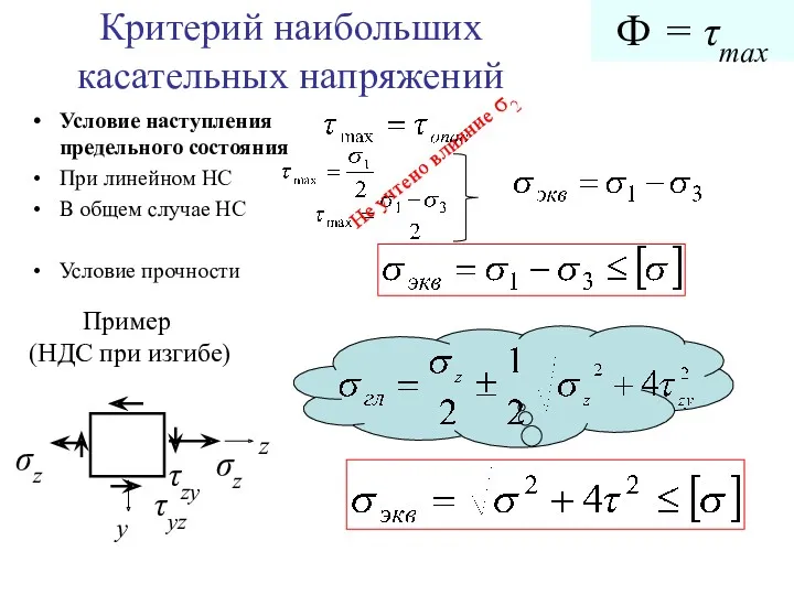 Критерий наибольших касательных напряжений Условие наступления предельного состояния При линейном