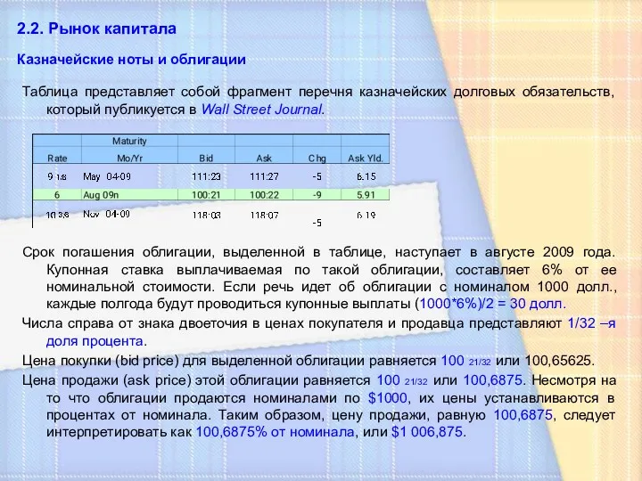 2.2. Рынок капитала Казначейские ноты и облигации Таблица представляет собой