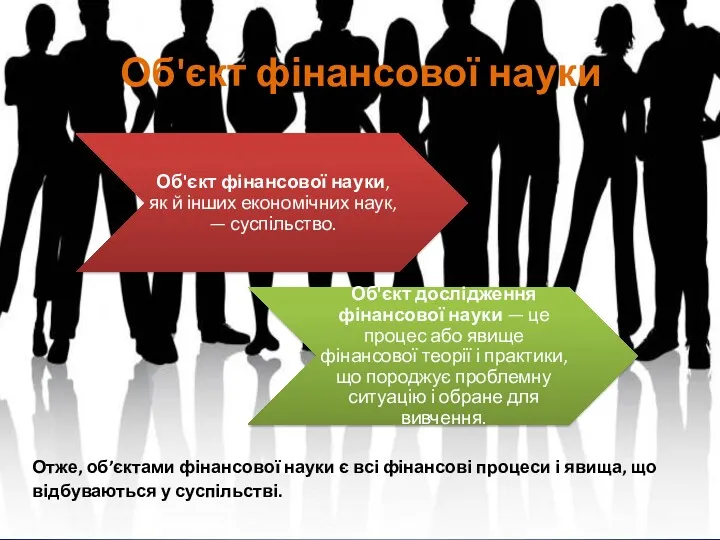 Об'єкт фінансової науки Отже, об’єктами фінансової науки є всі фінансові