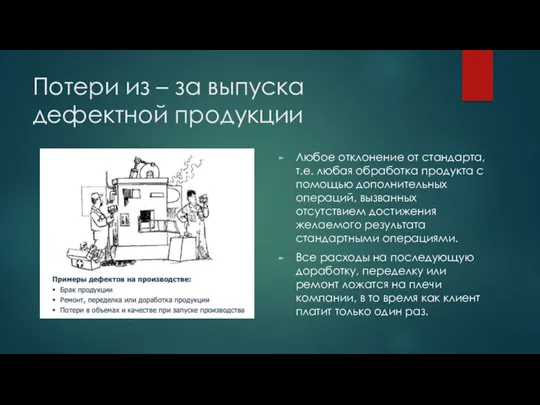 Потери из – за выпуска дефектной продукции Любое отклонение от стандарта, т.е. любая