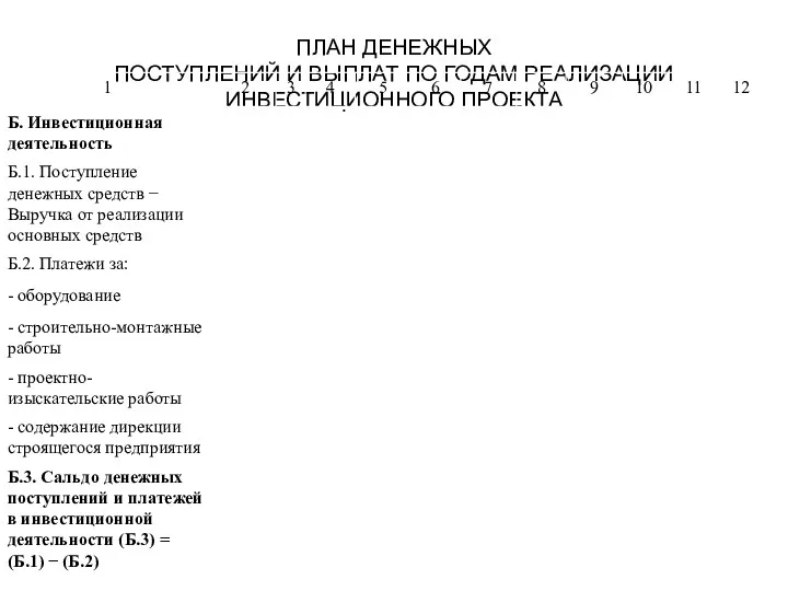 ПЛАН ДЕНЕЖНЫХ ПОСТУПЛЕНИЙ И ВЫПЛАТ ПО ГОДАМ РЕАЛИЗАЦИИ ИНВЕСТИЦИОННОГО ПРОЕКТА