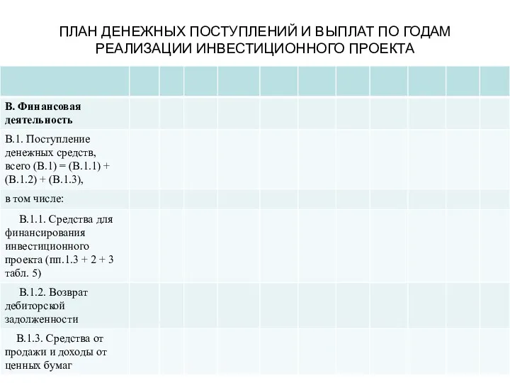 ПЛАН ДЕНЕЖНЫХ ПОСТУПЛЕНИЙ И ВЫПЛАТ ПО ГОДАМ РЕАЛИЗАЦИИ ИНВЕСТИЦИОННОГО ПРОЕКТА