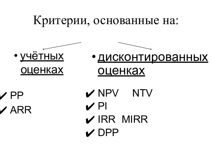 Критерии, основанные на: учётных оценках РР АRR дисконтированных оценках NPV NTV PI IRR MIRR DPP