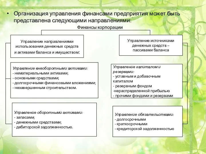 Организация управления финансами предприятия может быть представлена следующими направлениями: Финансы