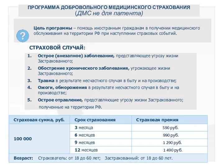 ПРОГРАММА ДОБРОВОЛЬНОГО МЕДИЦИНСКОГО СТРАХОВАНИЯ (ДМС не для патента) Цель программы