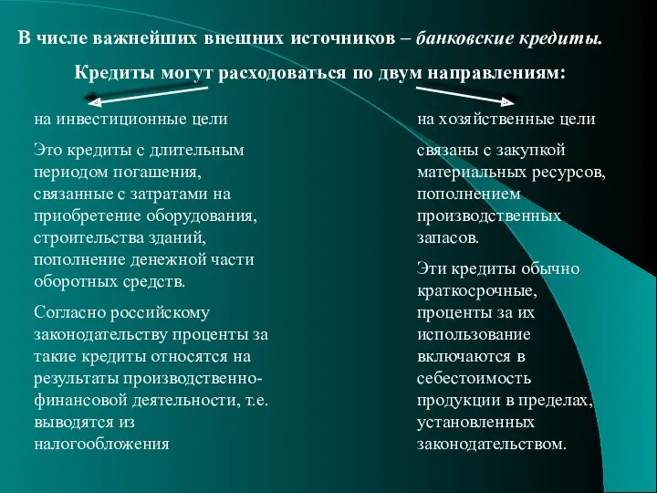 В числе важнейших внешних источников – банковские кредиты. Кредиты могут