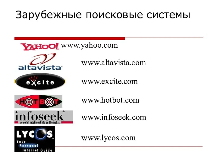 Зарубежные поисковые системы www.yahoo.com www.altavista.com www.excite.com www.hotbot.com www.infoseek.com www.lycos.com