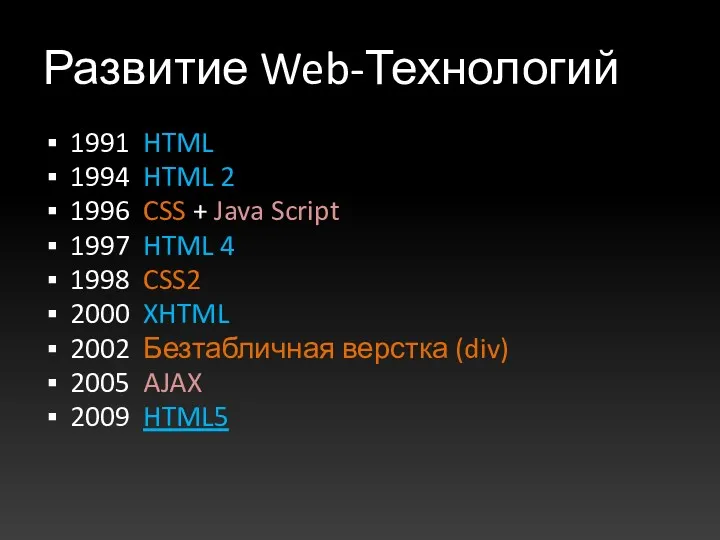 Развитие Web-Технологий 1991 HTML 1994 HTML 2 1996 CSS +