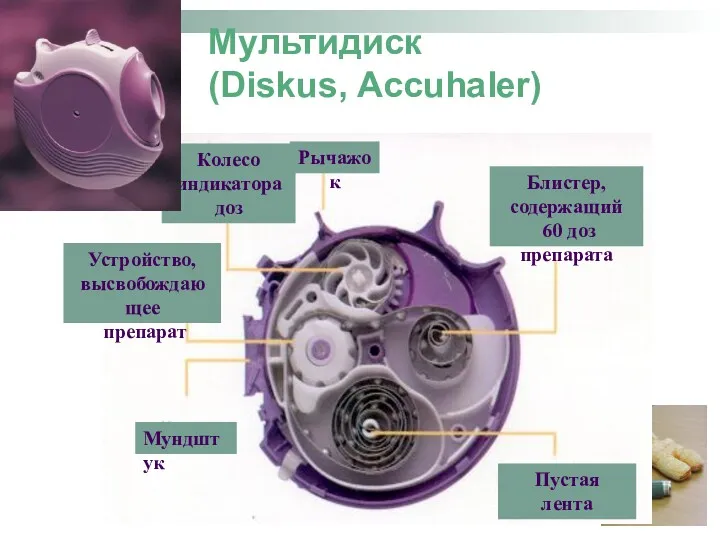Мультидиск (Diskus, Accuhaler) Мундштук Рычажок Блистер, содержащий 60 доз препарата