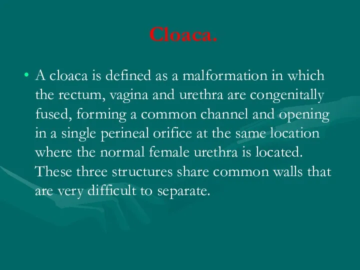 Cloaca. A cloaca is defined as a malformation in which the rectum, vagina