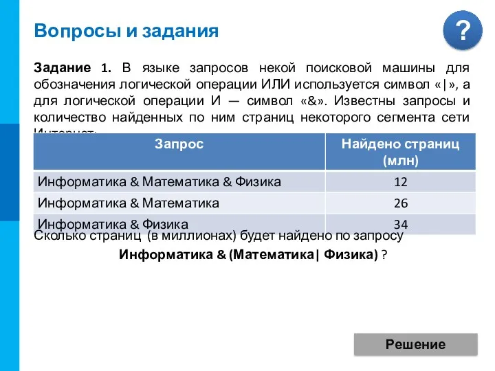 Вопросы и задания Задание 1. В языке запросов некой поисковой машины для обозначения