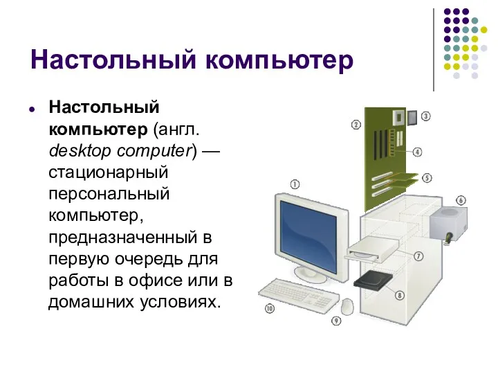 Настольный компьютер Настольный компьютер (англ. desktop computer) — стационарный персональный