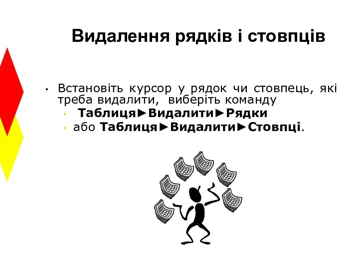 Видалення рядків і стовпців Встановіть курсор у рядок чи стовпець,