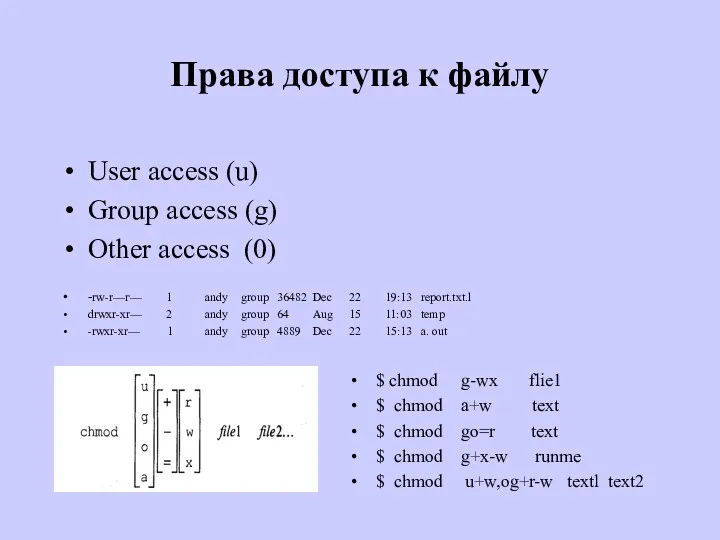 Права доступа к файлу User access (u) Group access (g)