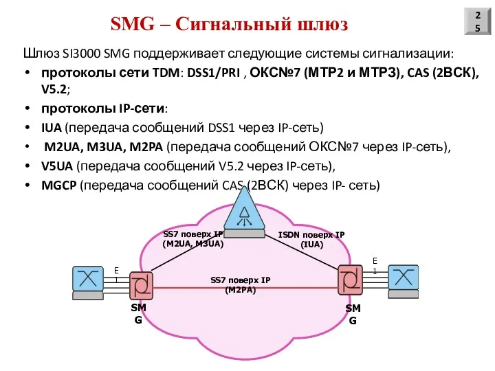 Шлюз SI3000 SMG поддерживает следующие системы сигнализации: протоколы сети TDM: