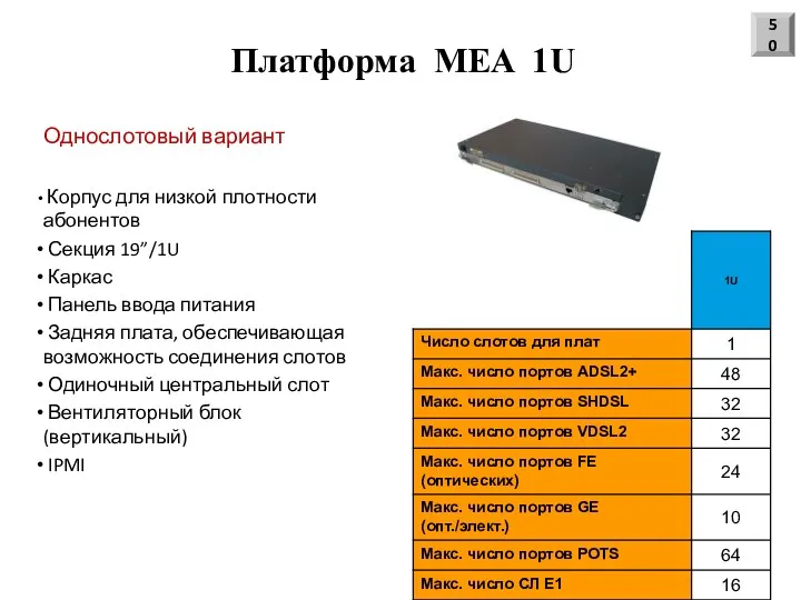 Платформа MEA 1U Однослотовый вариант Корпус для низкой плотности абонентов